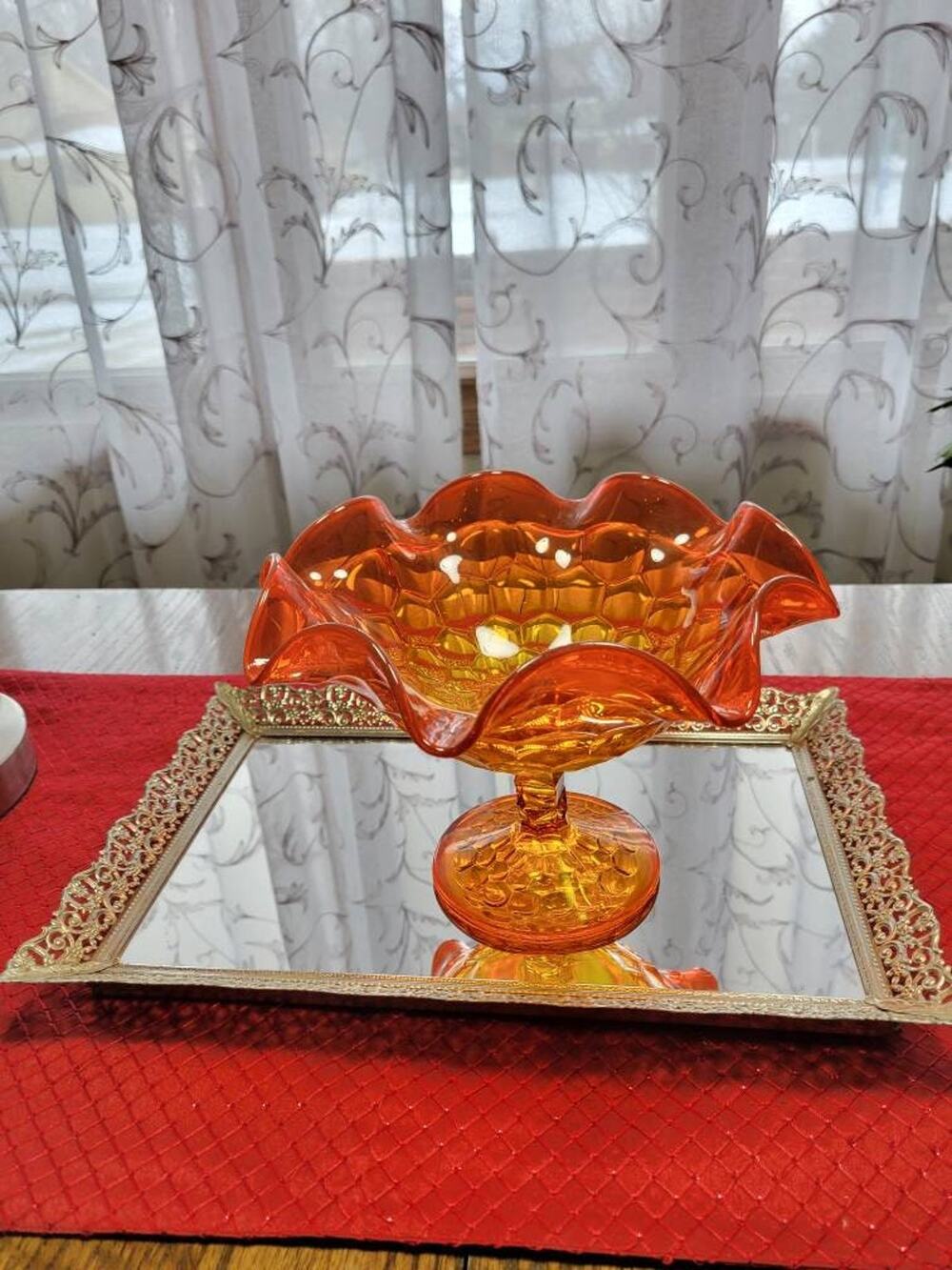 Vintage Fenton Amberina Glass Compote Ruffled Thumbprint Pedestal Candy Dish